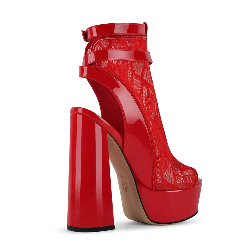 Rear view of red lace peep toe platform block heel boots