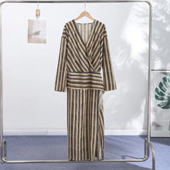 Striped Long Sleeve Mesh Ankle Length Dress