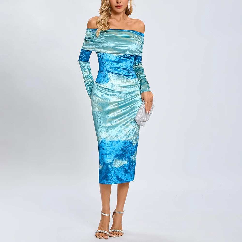 Woman wearing a blue and white patterned dress on a white background