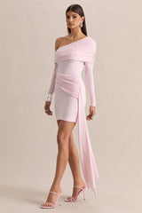 Diagonal Collar Ruched Draped Mini Dress