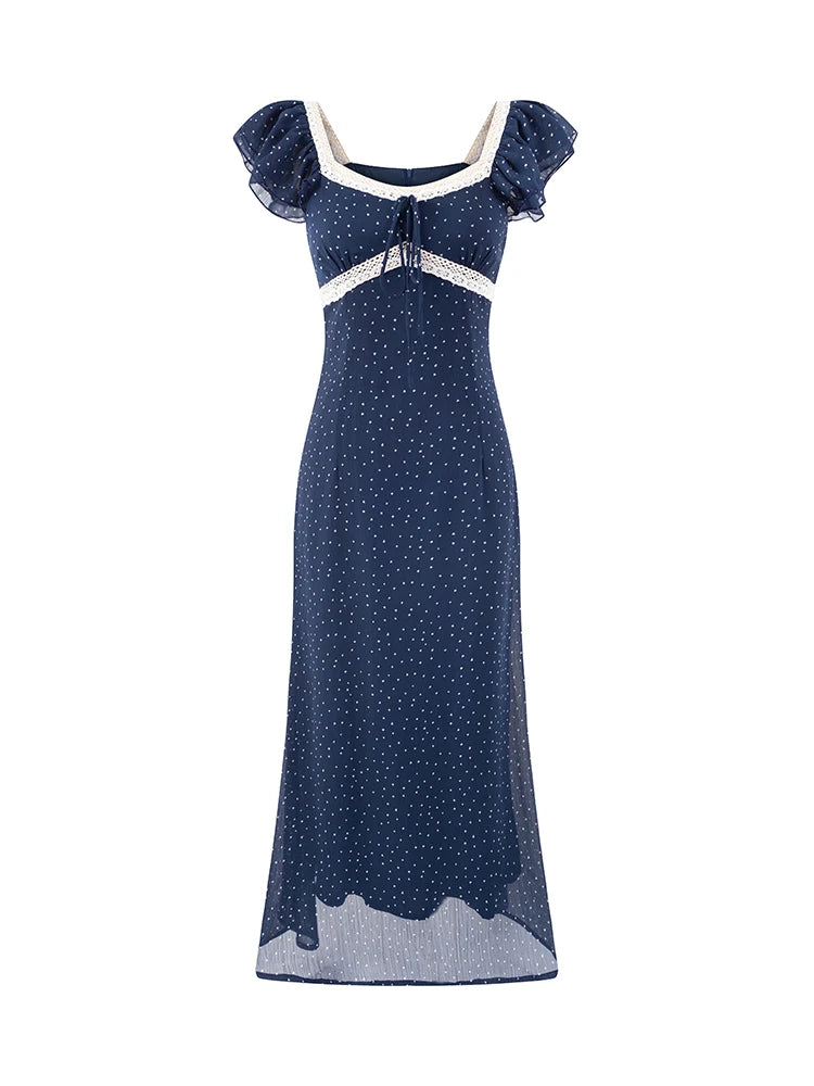 Blue polka dot midi dress with a square neckline and ruffled sleeves, featuring lace trim and a slim fit.