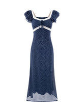 Blue polka dot midi dress with a square neckline and ruffled sleeves, featuring lace trim and a slim fit.