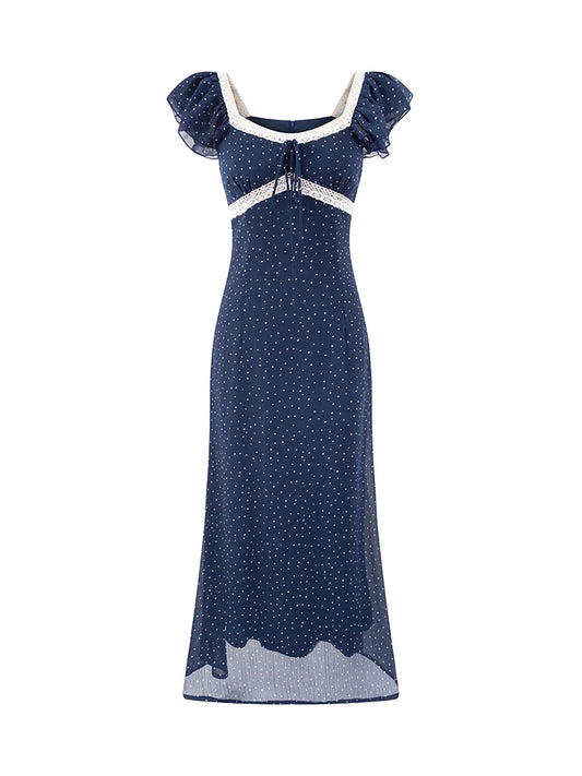 Blue polka dot midi dress with a square neckline and ruffled sleeves, featuring lace trim and a slim fit.