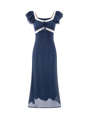 Blue polka dot midi dress with a square neckline and ruffled sleeves, featuring lace trim and a slim fit.