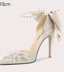 White Pearl Bow Stiletto Heels | Lace Bridal Beaded Party Sandals