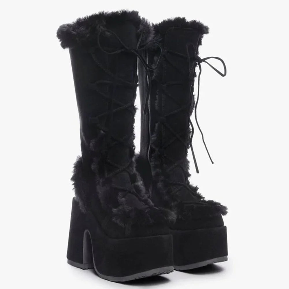 Black faux fur platform block heel boots front view