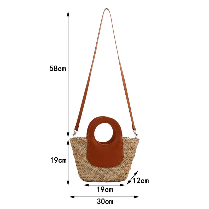 Woven handbag with brown leather accents and measurements on a white background
