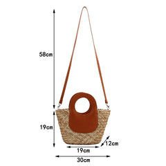 Woven handbag with brown leather accents and measurements on a white background