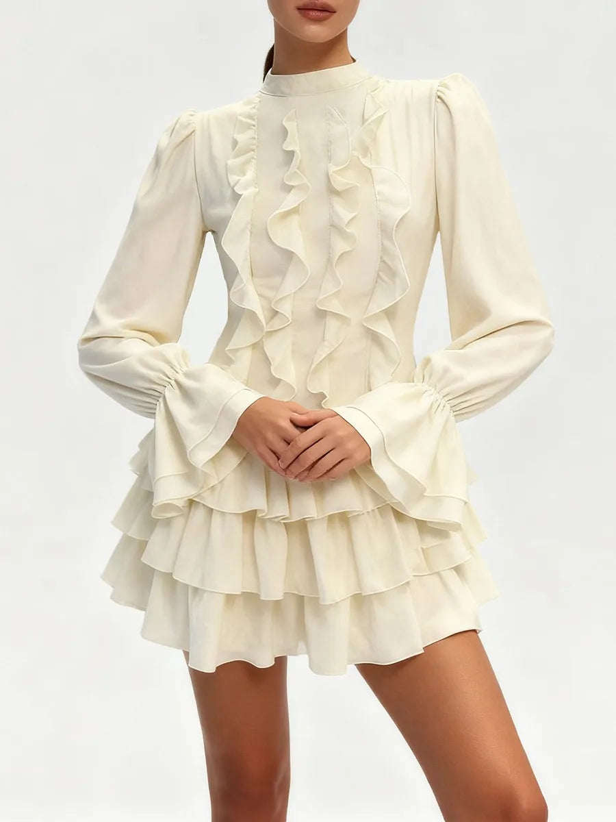 White tiered ruffle mini dress with stand collar