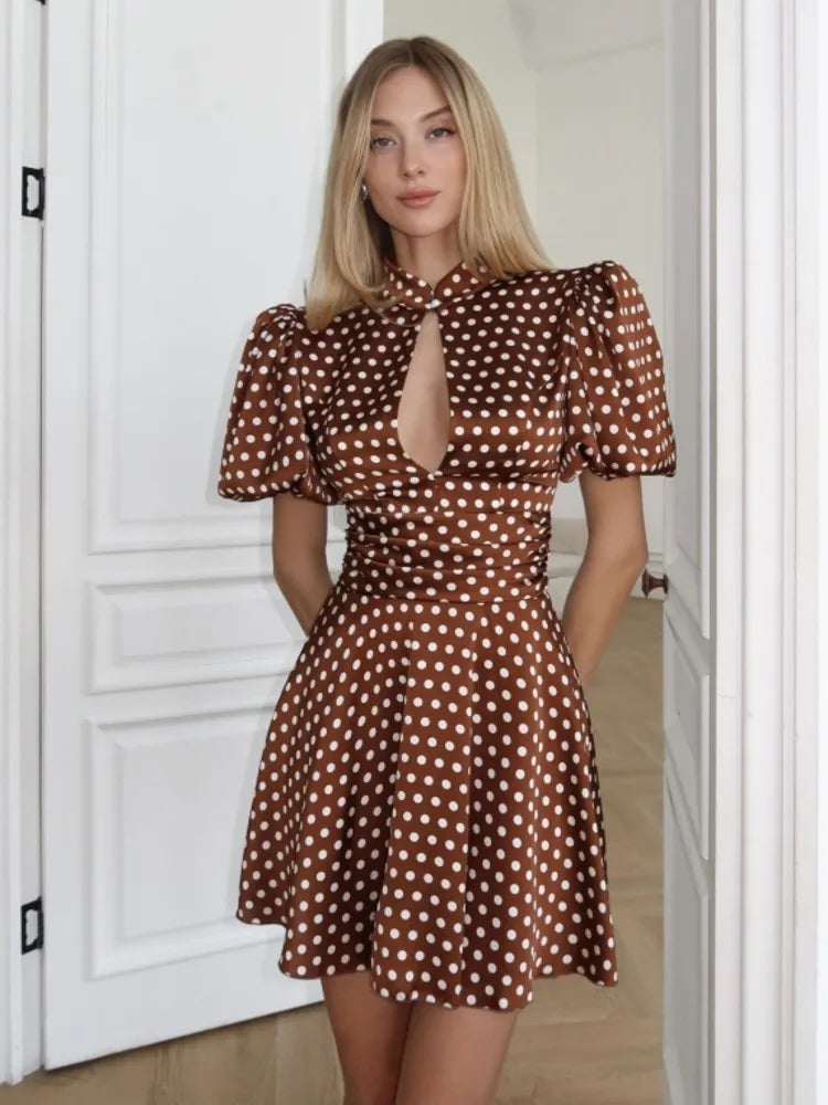 Polka dot keyhole neck puff sleeve dress front view