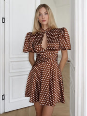 Polka dot keyhole neck puff sleeve dress front view