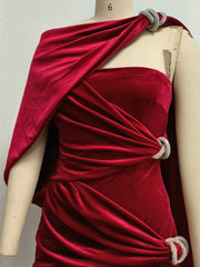 Red Velvet One-Shoulder Draped Gown with High Split
