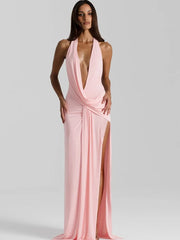 Halter Deep V-Neck Draped Maxi Dress