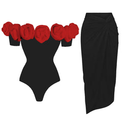 Off-the-shoulder rose embellished bodysuit and twist front skirt set in black with red roses