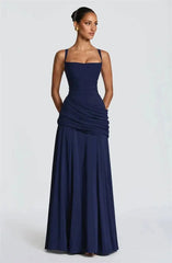 Square Neck Drape Waist Floor-Length Dress