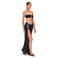 Halter Neck Plunge One-Piece Swimsuit and High-Slit Wrap Skirt Set
