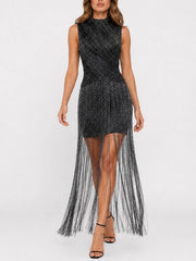 Black mock neck fringe maxi dress with a crossed bodice detail.
