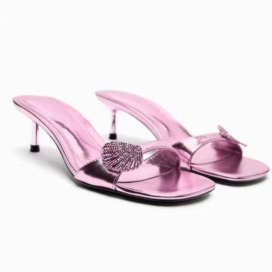 Pink Rhinestone Square Head Women Mid-Heeled Shoes