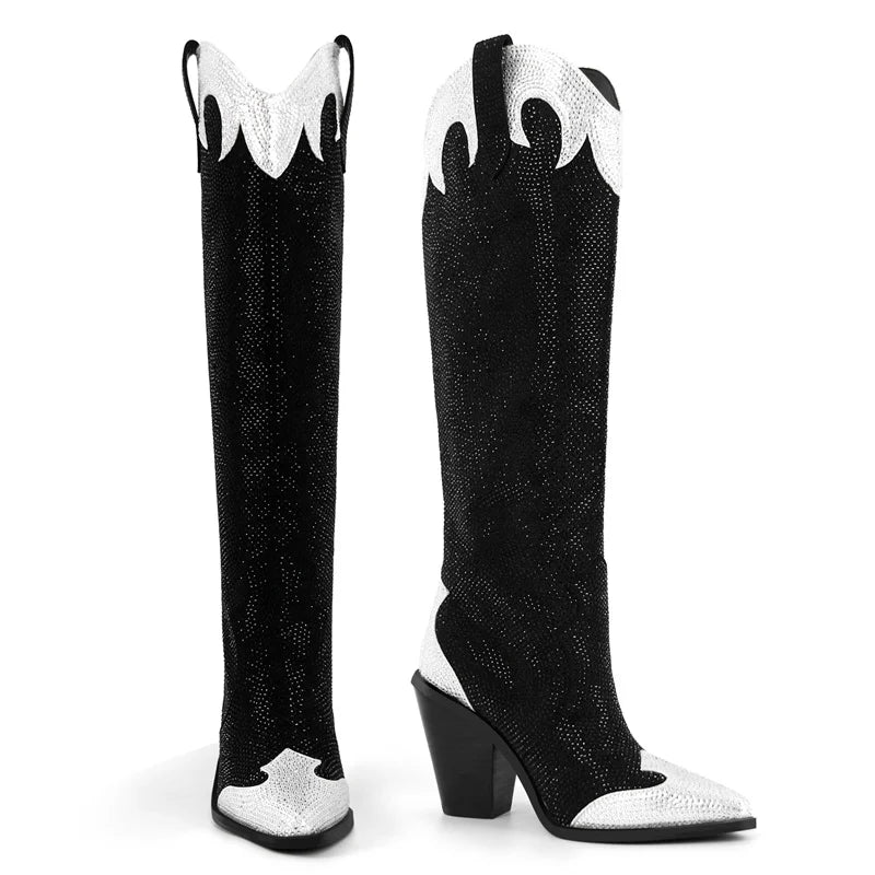 Knee high rhinestone cowboy boots - front view
