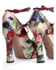 Floral Print Bow Strap Chunky Heel Pumps