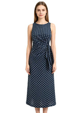 Sleeveless O-Neck Polka Dot Midi Dress with Tie Waist