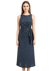 Sleeveless O-Neck Polka Dot Midi Dress with Tie Waist