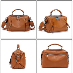Brown leather bag shown from multiple angles on a white background