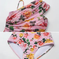 Pink Floral Print One Piece Swimsuit