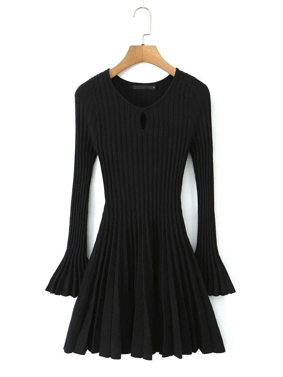Black dress on a hanger, ribbed, bell sleeves