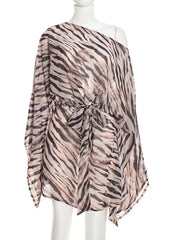 One Shoulder Zebra Print Mesh Mini Dress
