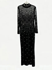 Sequin Beaded High Neck Long Sleeve Maxi Dress