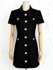 Black Tweed Mini Dress with Diamond Buttons