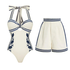 Striped Halter Bow Bikini Top and High-Waisted Shorts Set
