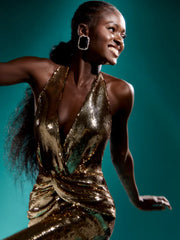 Gold Sequin Sleeveless V Neck Wide Leg Jumpsuit