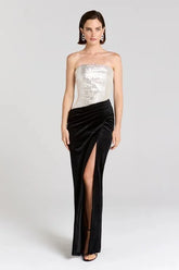 Strapless sequined bodice with draped velvet maxi skirt and high slit