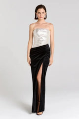 Strapless sequined bodice with draped velvet maxi skirt and high slit