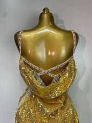 Gold Sequin Cowl Neck Drawstring Bodysuit