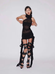 Studded Lace-Up Thigh-High Heels