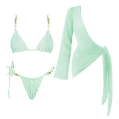 Mint green bikini with pearl-embellished straps and a one-shoulder wrap cover-up