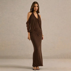 Halter Neck Cape Off Shoulder Maxi Dress