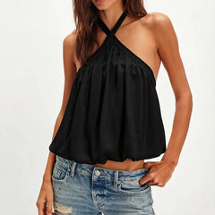 Black criss-cross halter neck gathered crop top