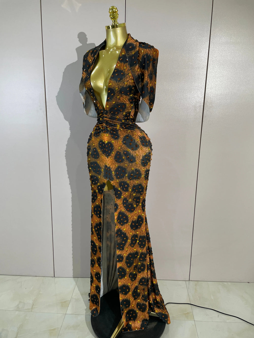 Leopard print embellished V-neck gown side view
