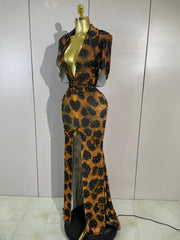 Leopard print embellished V-neck gown side view