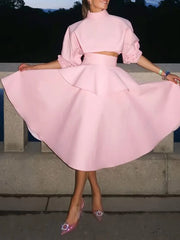 Pink High Neck Top & Ruffle Midi Skirt Set – Elegant Two-Piece Spring Outfit