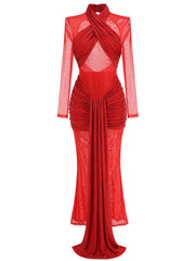 Red Mesh Ruched Rhinestone Gown with Sculpted Column Shape