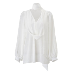 White Ribbon Draped Flowy Shirt