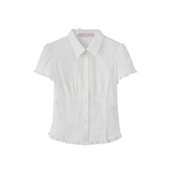 White Lace Patchwork Blouse | Slim Fit Summer Shirt