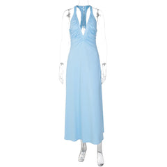 V-Neck Ruched Halter Neck Sleeveless Maxi Dress