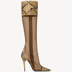 Side view of a snake print mesh stiletto knee-high boot