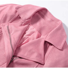 Pink Lapel Neck Belted Jacket with Slit Midi Skirt Two-Piece Set